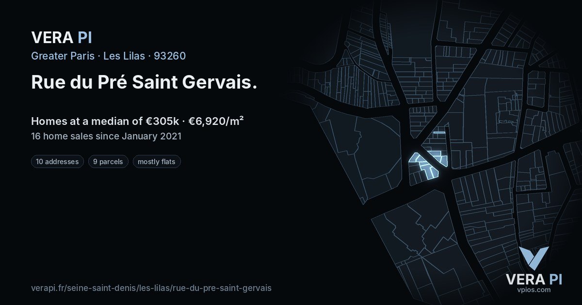Rue du Pré Saint Gervais, Les Lilas at night – every parcel coloured by the prices around it, the street's own parcels lit
