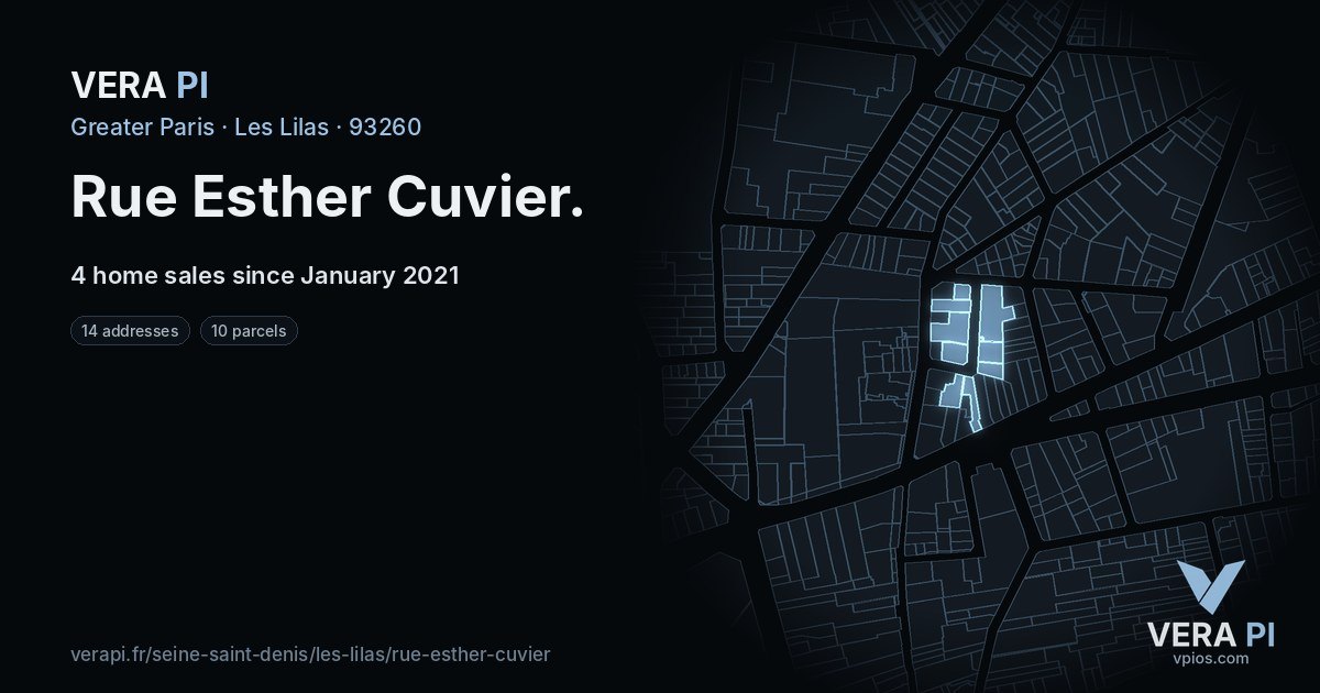 Rue Esther Cuvier, Les Lilas at night – every parcel coloured by the prices around it, the street's own parcels lit