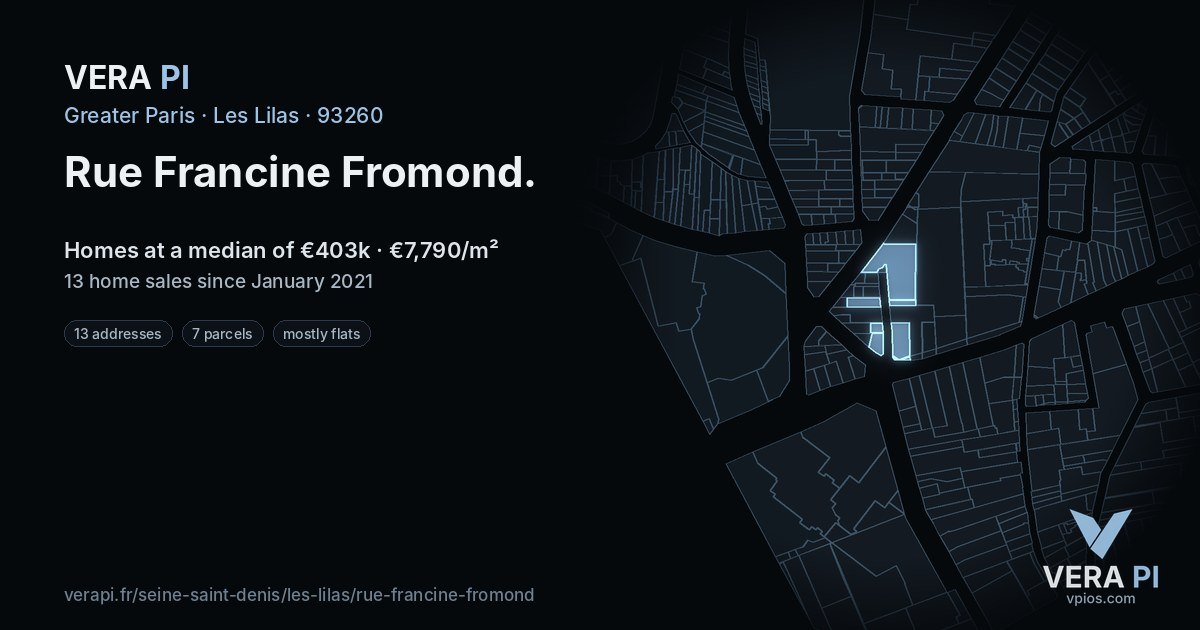 Rue Francine Fromond, Les Lilas at night – every parcel coloured by the prices around it, the street's own parcels lit