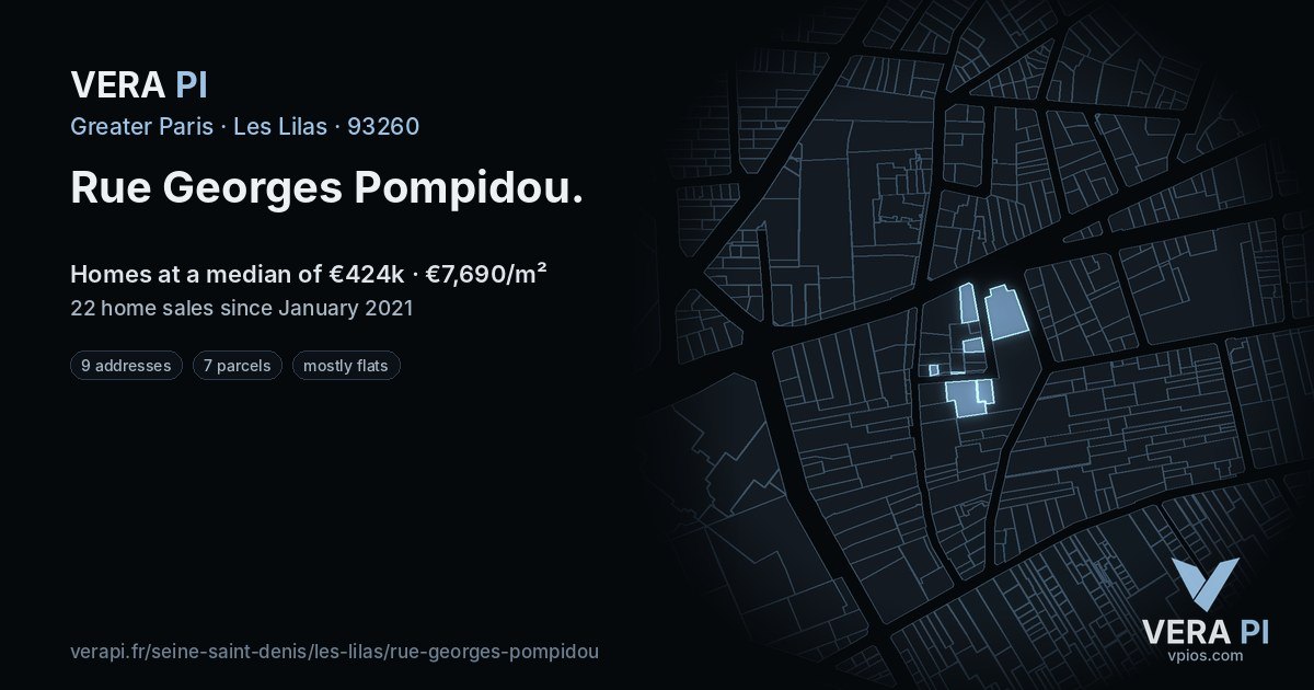 Rue Georges Pompidou, Les Lilas at night – every parcel coloured by the prices around it, the street's own parcels lit