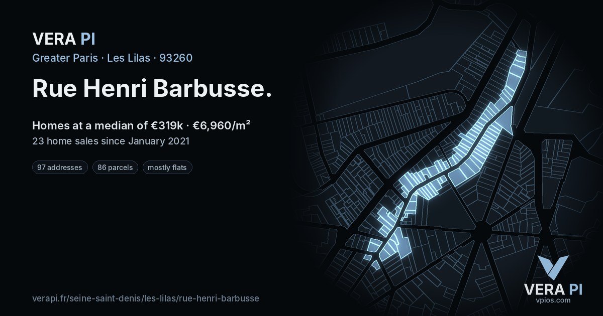 Rue Henri Barbusse, Les Lilas at night – every parcel coloured by the prices around it, the street's own parcels lit