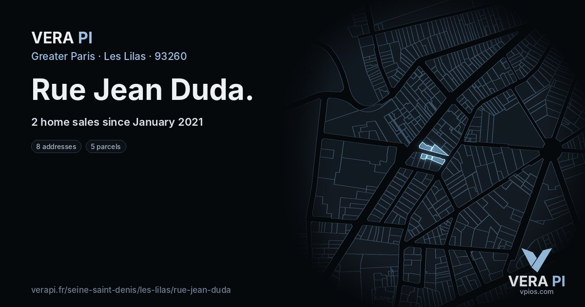 Rue Jean Duda, Les Lilas at night – every parcel coloured by the prices around it, the street's own parcels lit