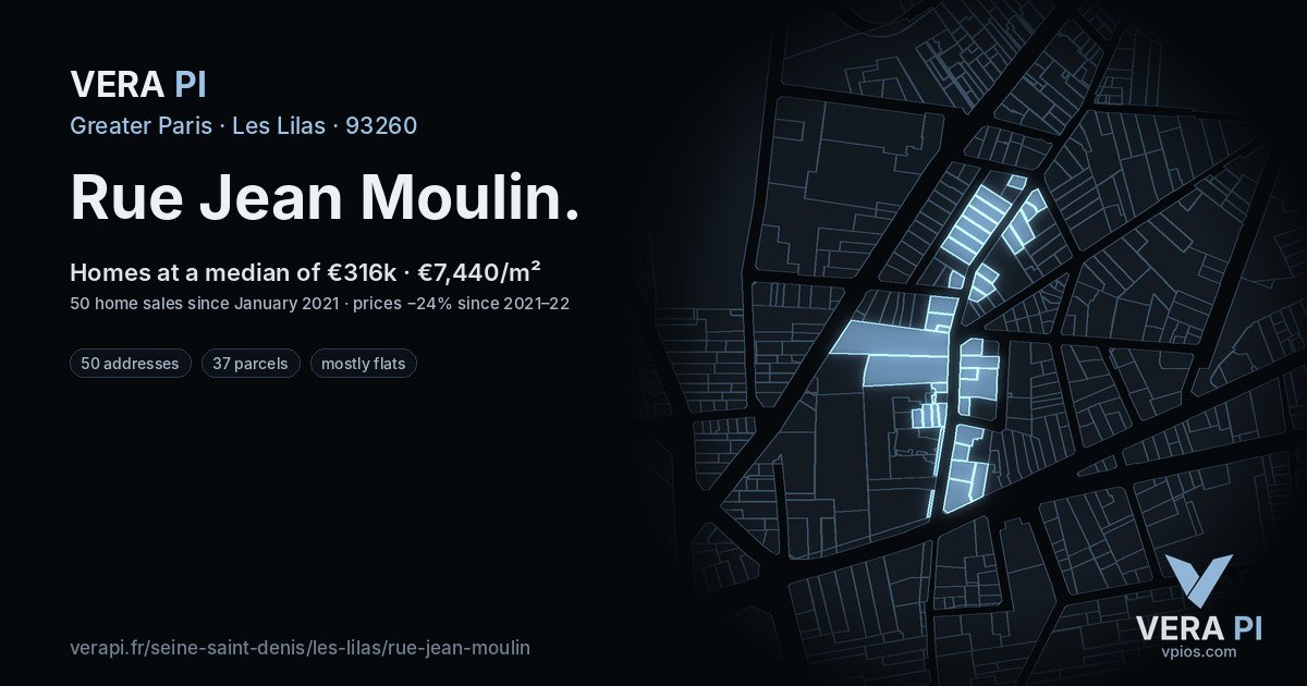 Rue Jean Moulin, Les Lilas at night – every parcel coloured by the prices around it, the street's own parcels lit