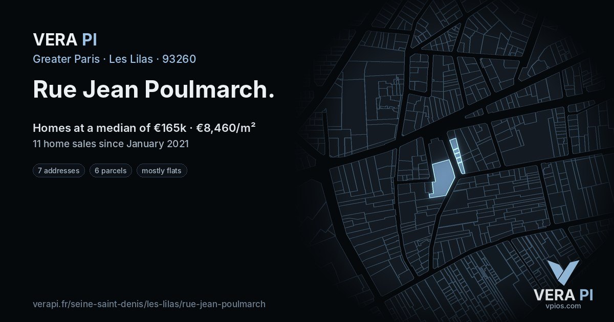 Rue Jean Poulmarch, Les Lilas at night – every parcel coloured by the prices around it, the street's own parcels lit