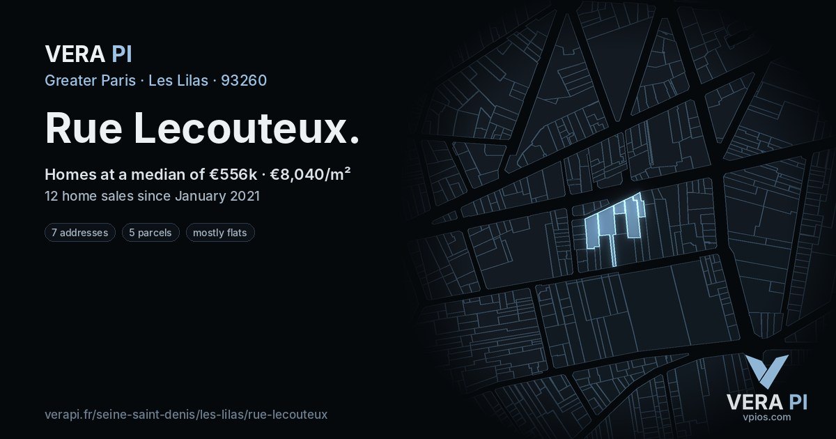 Rue Lecouteux, Les Lilas at night – every parcel coloured by the prices around it, the street's own parcels lit