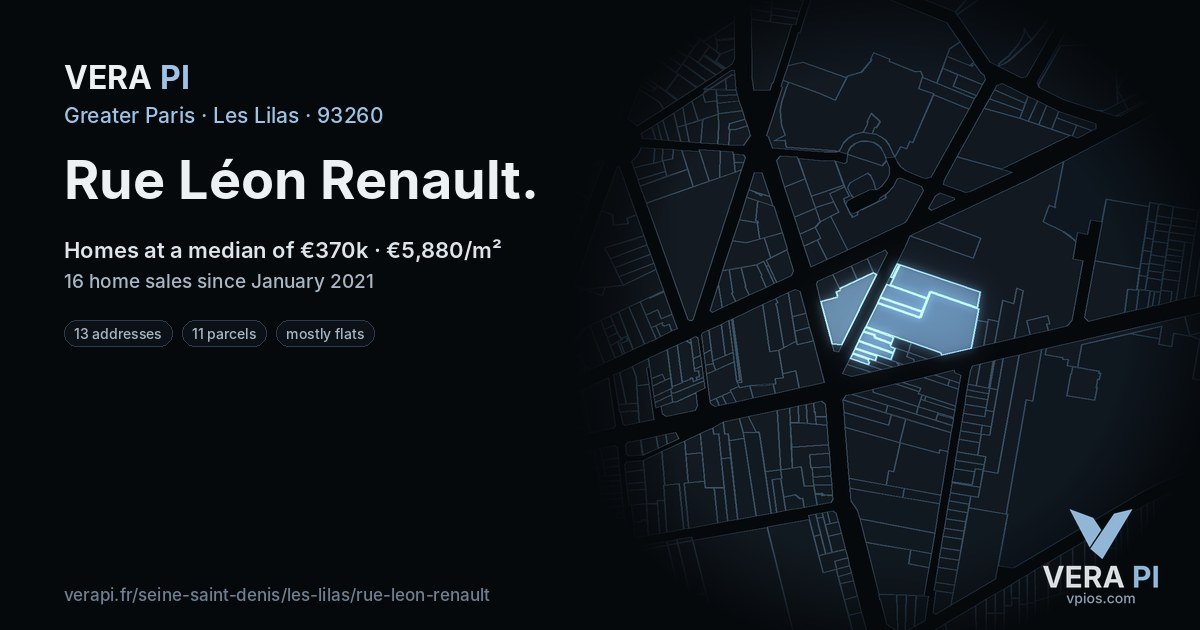 Rue Léon Renault, Les Lilas at night – every parcel coloured by the prices around it, the street's own parcels lit