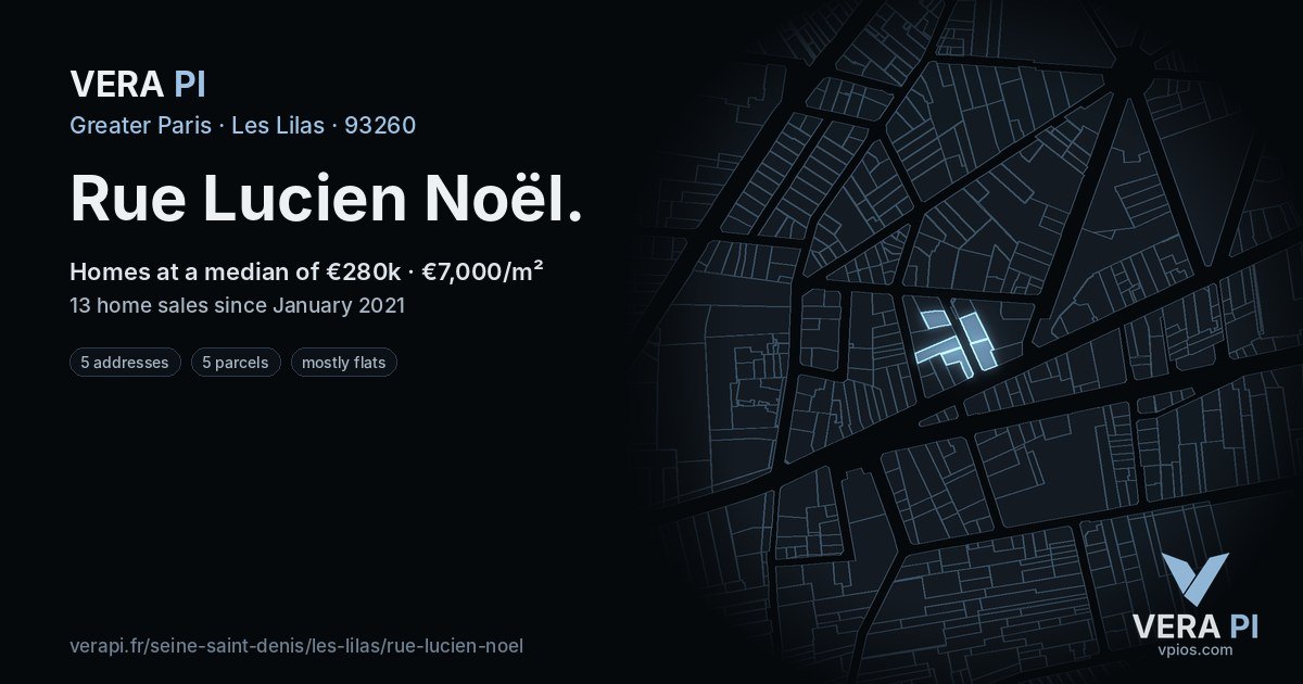 Rue Lucien Noël, Les Lilas at night – every parcel coloured by the prices around it, the street's own parcels lit