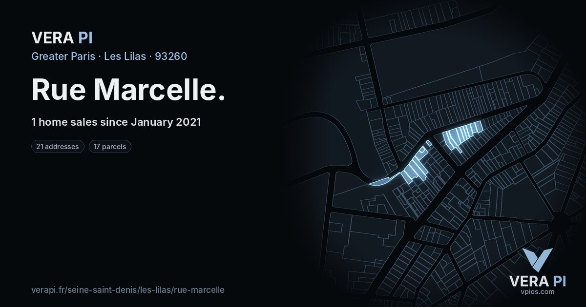 Rue Marcelle, Les Lilas at night – every parcel coloured by the prices around it, the street's own parcels lit