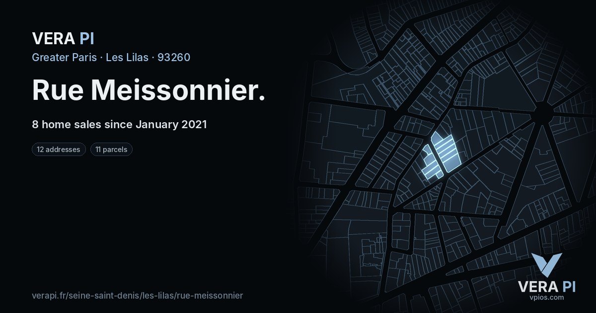 Rue Meissonnier, Les Lilas at night – every parcel coloured by the prices around it, the street's own parcels lit