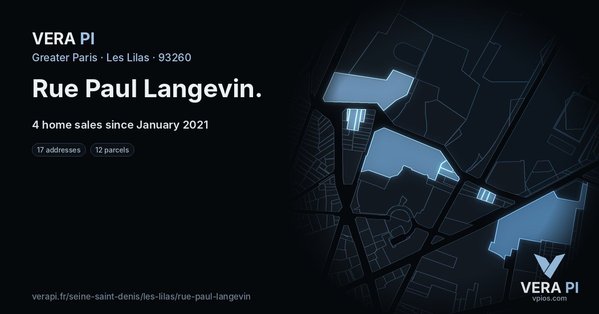 Rue Paul Langevin, Les Lilas at night – every parcel coloured by the prices around it, the street's own parcels lit