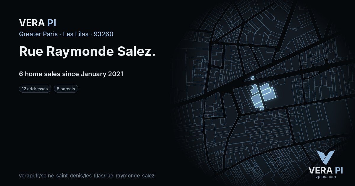 Rue Raymonde Salez, Les Lilas at night – every parcel coloured by the prices around it, the street's own parcels lit