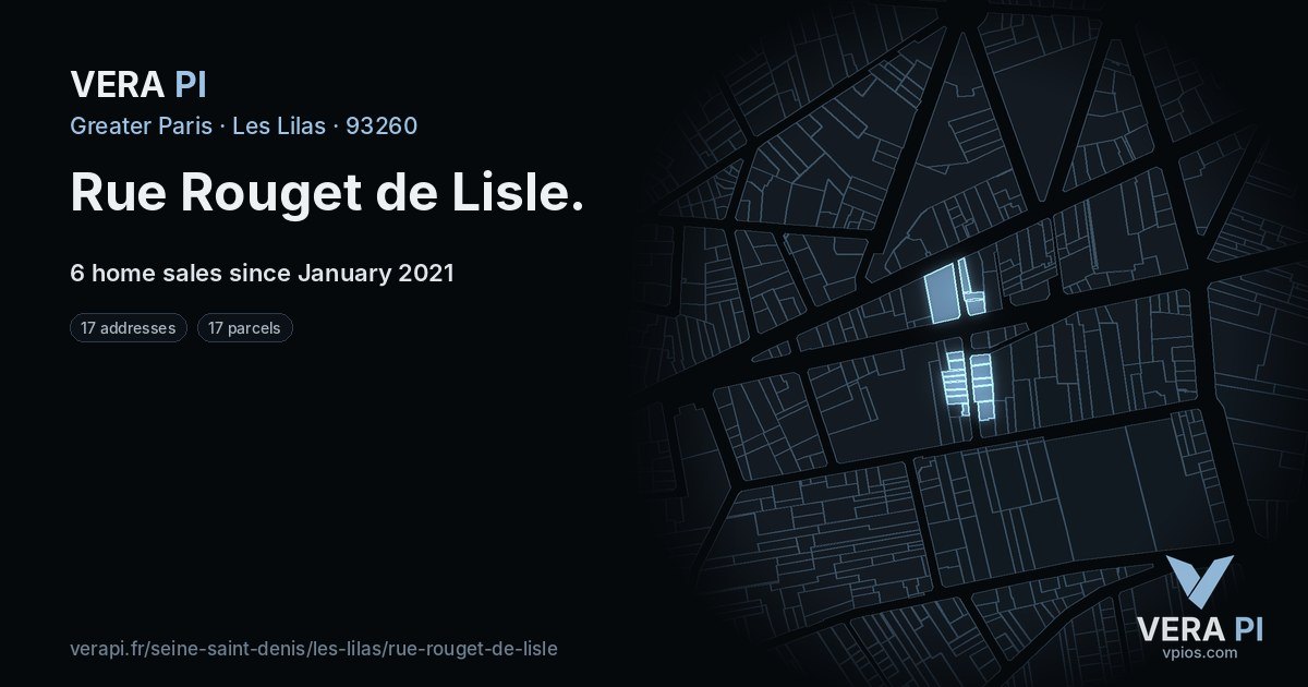Rue Rouget de Lisle, Les Lilas at night – every parcel coloured by the prices around it, the street's own parcels lit