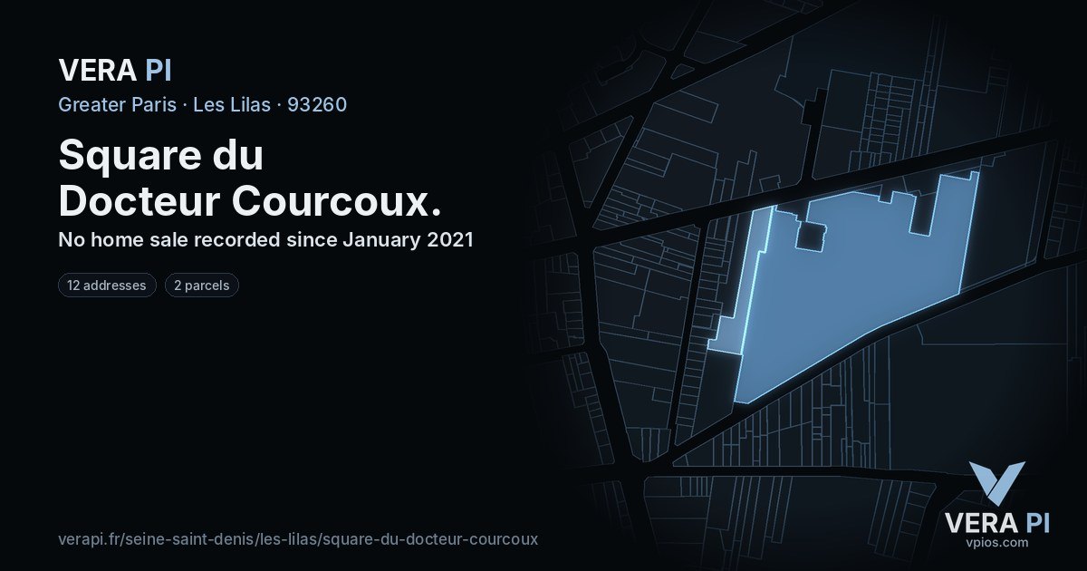 Square du Docteur Courcoux, Les Lilas at night – every parcel coloured by the prices around it, the street's own parcels lit