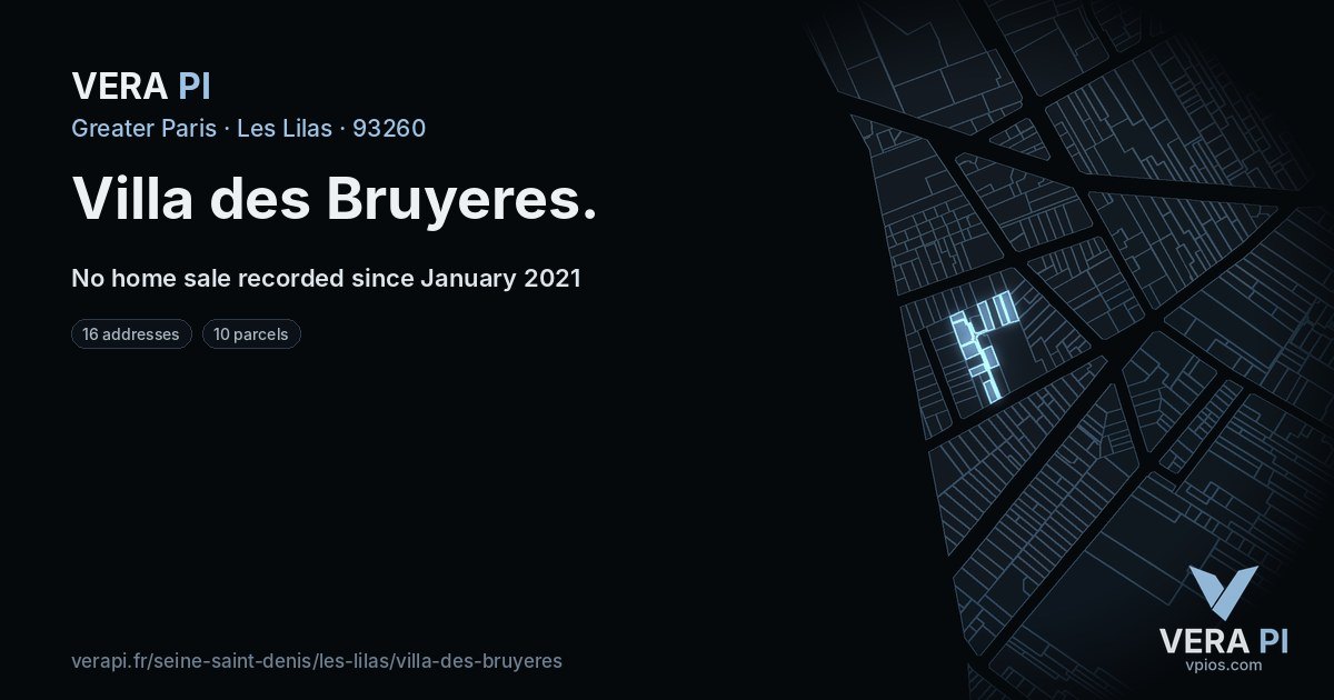 Villa des Bruyeres, Les Lilas at night – every parcel coloured by the prices around it, the street's own parcels lit