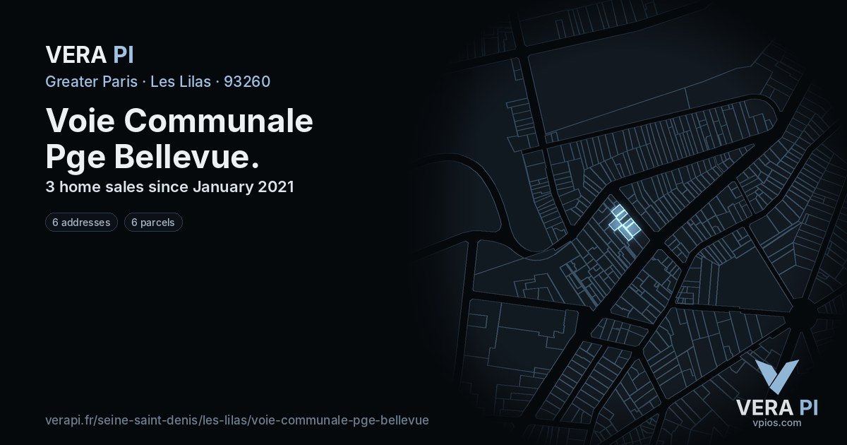 Voie Communale Pge Bellevue, Les Lilas at night – every parcel coloured by the prices around it, the street's own parcels lit