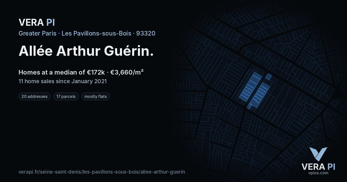 Allée Arthur Guérin, Les Pavillons-sous-Bois at night – every parcel coloured by the prices around it, the street's own parcels lit