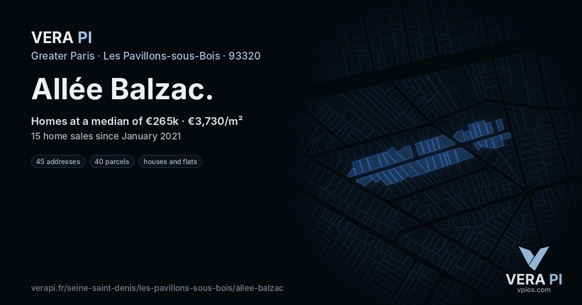 Allée Balzac, Les Pavillons-sous-Bois at night – every parcel coloured by the prices around it, the street's own parcels lit