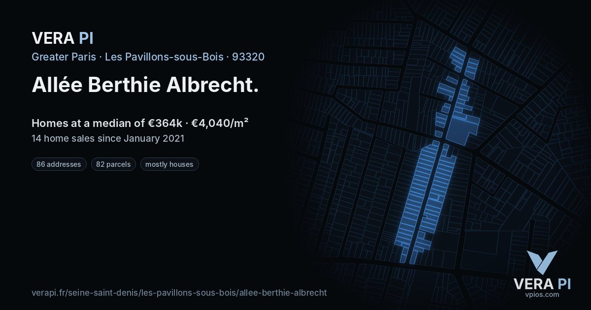 Allée Berthie Albrecht, Les Pavillons-sous-Bois at night – every parcel coloured by the prices around it, the street's own parcels lit