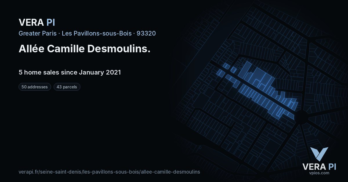 Allée Camille Desmoulins, Les Pavillons-sous-Bois at night – every parcel coloured by the prices around it, the street's own parcels lit
