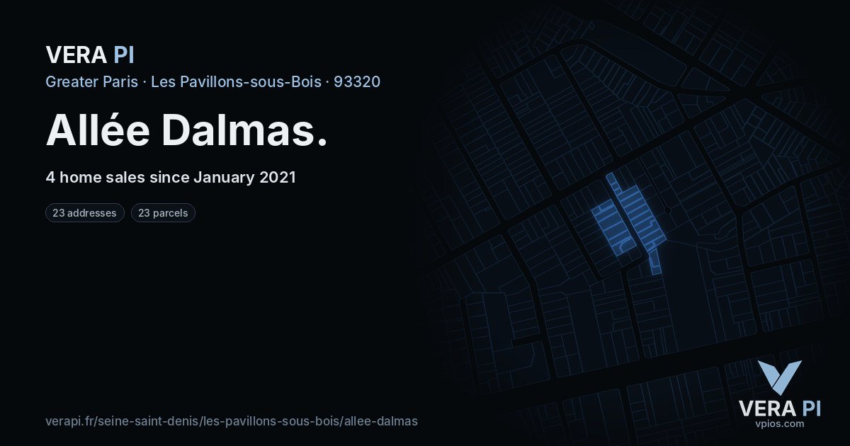 Allée Dalmas, Les Pavillons-sous-Bois at night – every parcel coloured by the prices around it, the street's own parcels lit