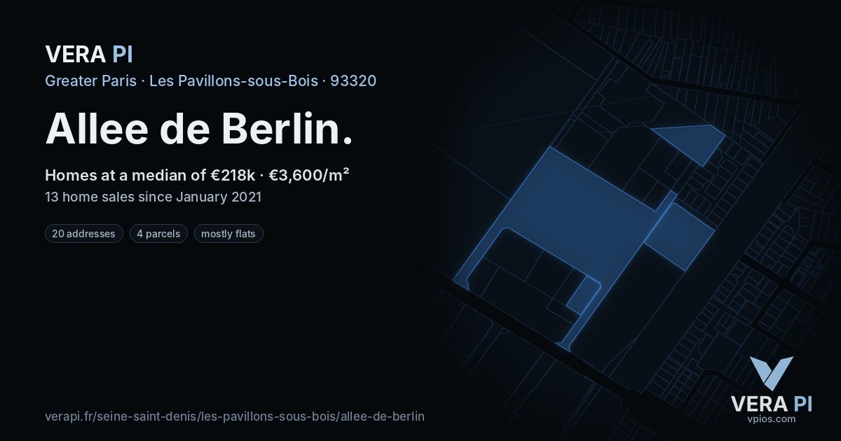 Allee de Berlin, Les Pavillons-sous-Bois at night – every parcel coloured by the prices around it, the street's own parcels lit
