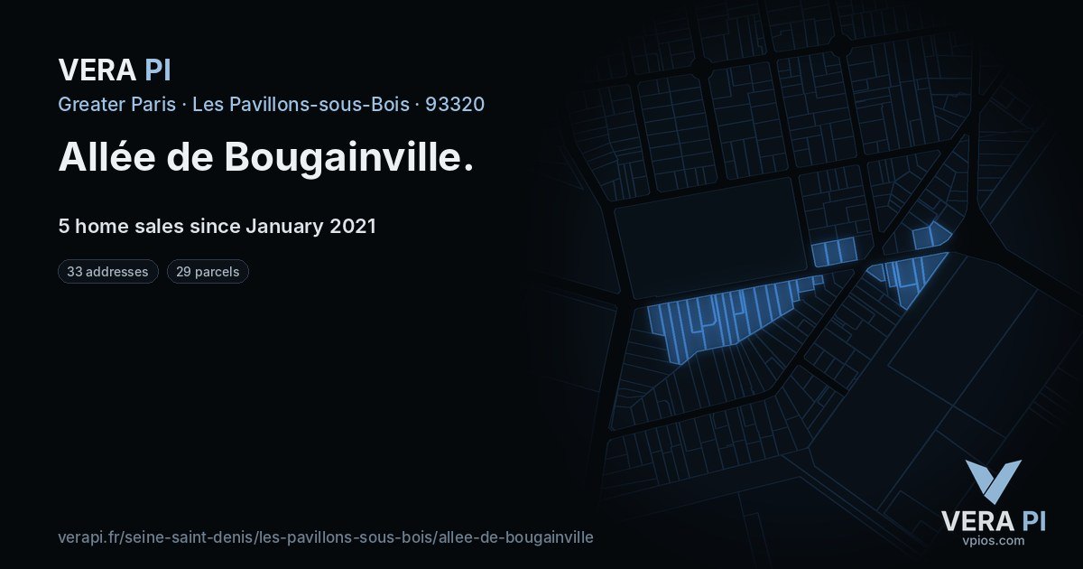 Allée de Bougainville, Les Pavillons-sous-Bois at night – every parcel coloured by the prices around it, the street's own parcels lit