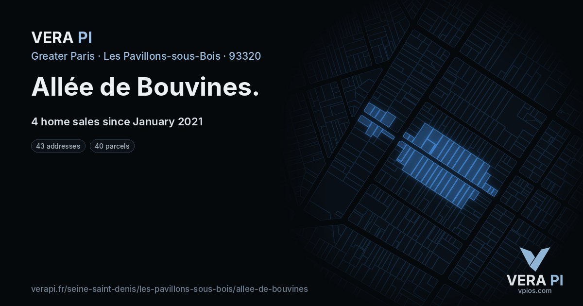 Allée de Bouvines, Les Pavillons-sous-Bois at night – every parcel coloured by the prices around it, the street's own parcels lit
