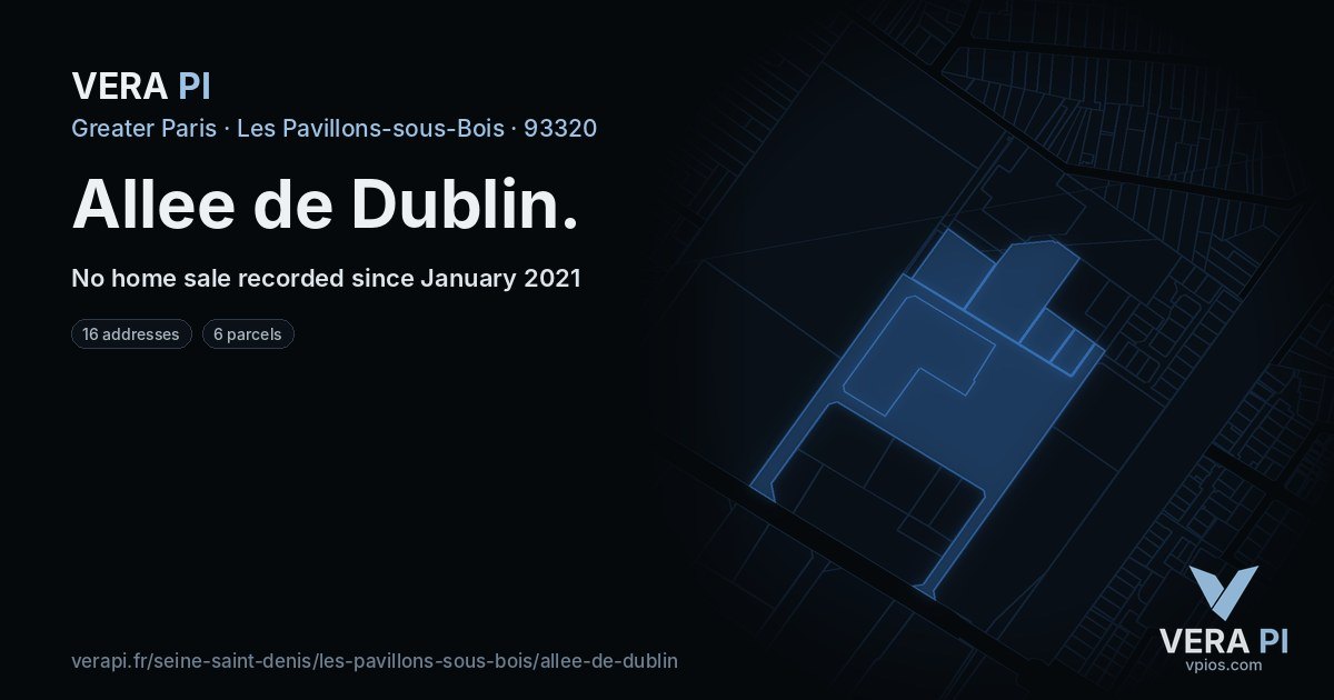 Allee de Dublin, Les Pavillons-sous-Bois at night – every parcel coloured by the prices around it, the street's own parcels lit
