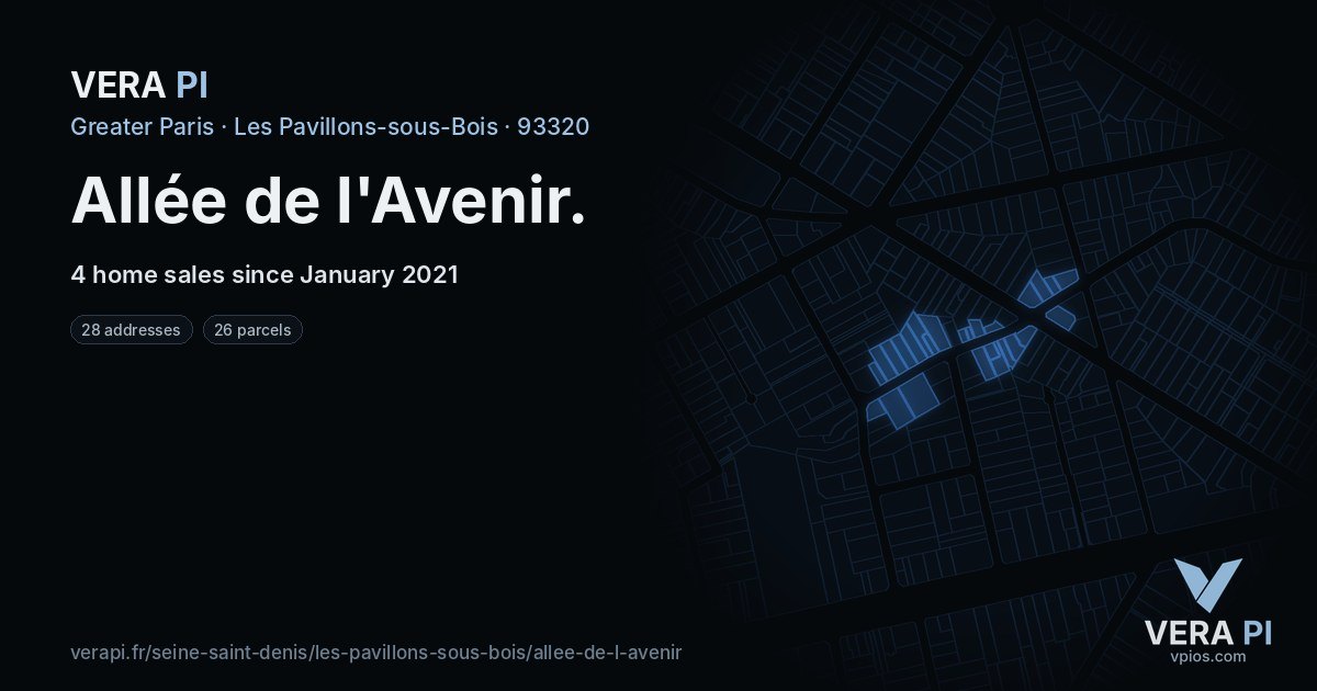 Allée de l'Avenir, Les Pavillons-sous-Bois at night – every parcel coloured by the prices around it, the street's own parcels lit