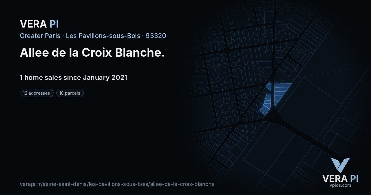 Allee de la Croix Blanche, Les Pavillons-sous-Bois at night – every parcel coloured by the prices around it, the street's own parcels lit