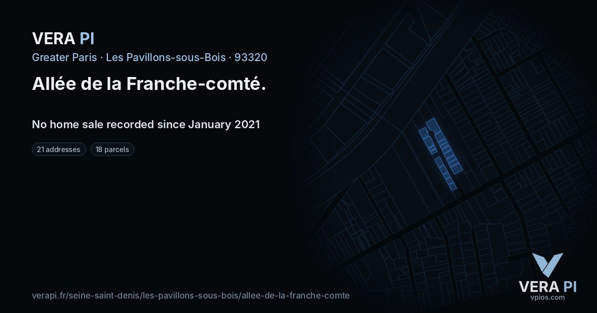 Allée de la Franche-comté, Les Pavillons-sous-Bois at night – every parcel coloured by the prices around it, the street's own parcels lit