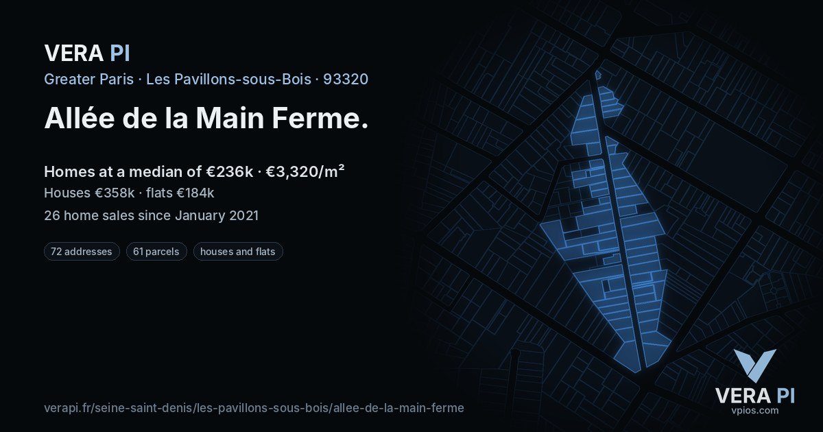 Allée de la Main Ferme, Les Pavillons-sous-Bois at night – every parcel coloured by the prices around it, the street's own parcels lit