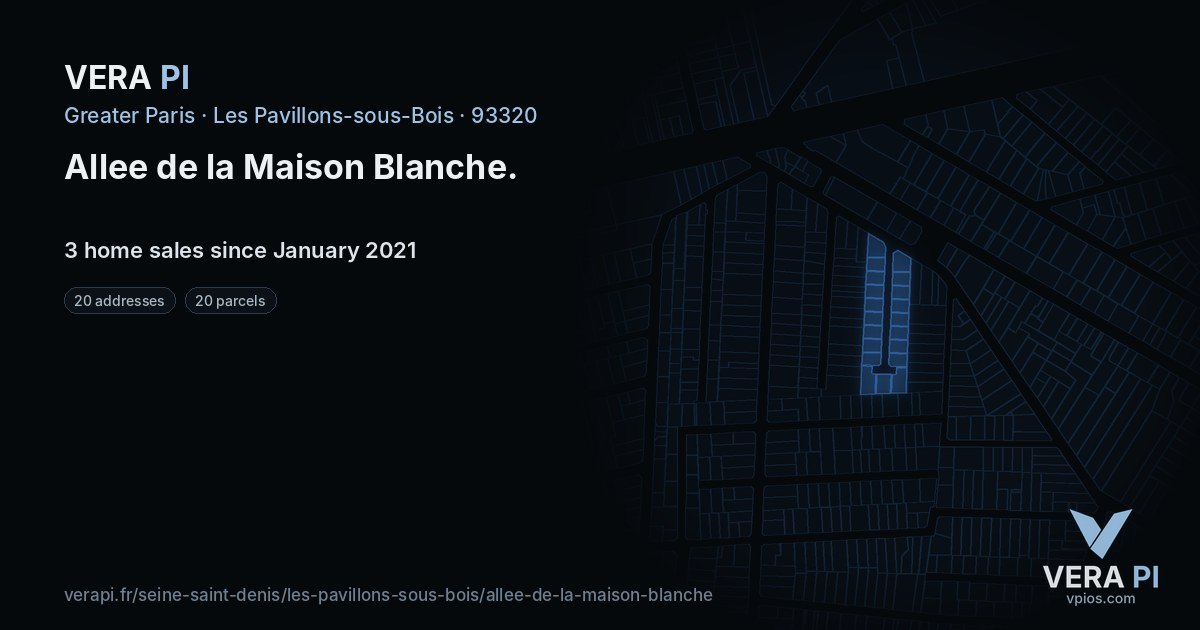 Allee de la Maison Blanche, Les Pavillons-sous-Bois at night – every parcel coloured by the prices around it, the street's own parcels lit