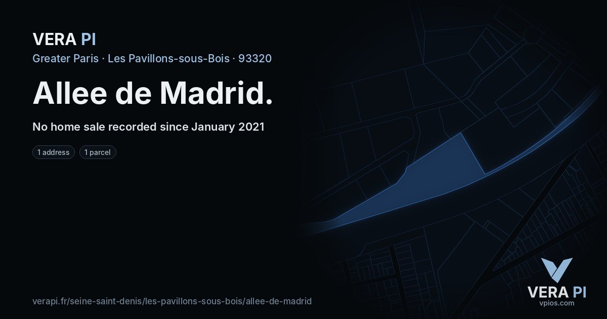 Allee de Madrid, Les Pavillons-sous-Bois at night – every parcel coloured by the prices around it, the street's own parcels lit