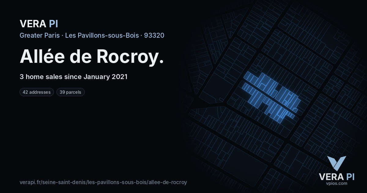 Allée de Rocroy, Les Pavillons-sous-Bois at night – every parcel coloured by the prices around it, the street's own parcels lit