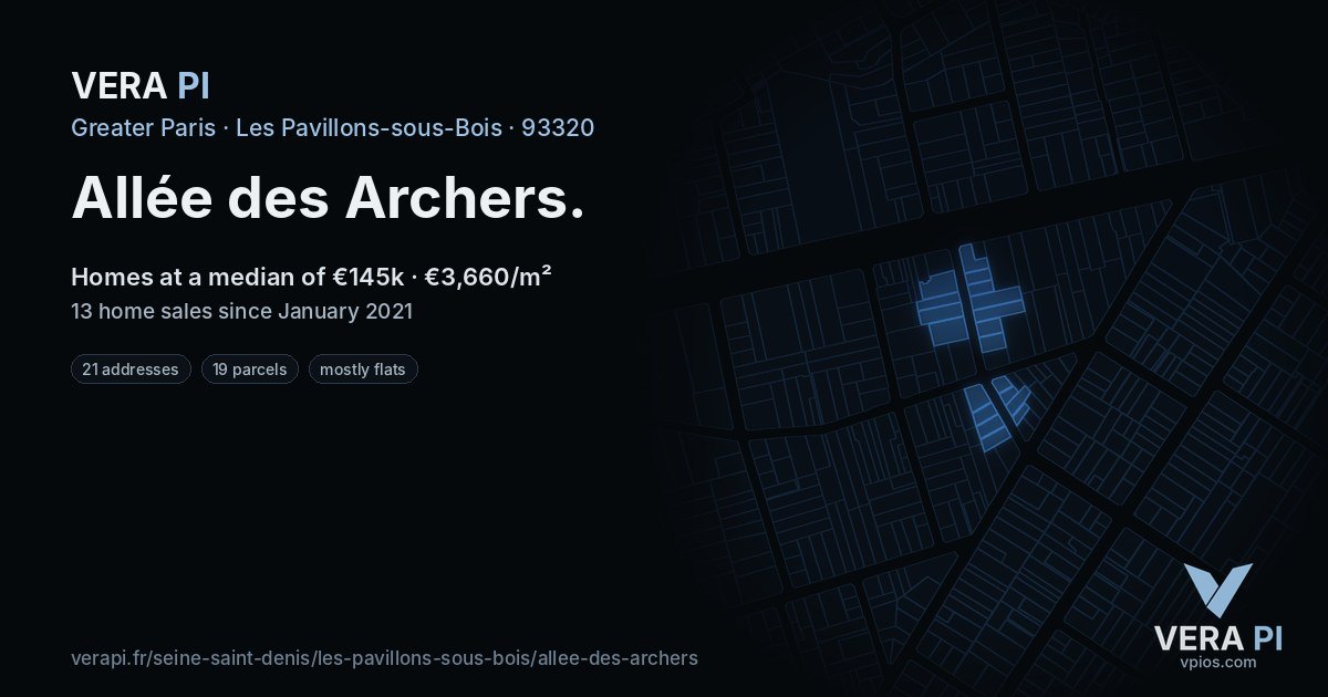 Allée des Archers, Les Pavillons-sous-Bois at night – every parcel coloured by the prices around it, the street's own parcels lit