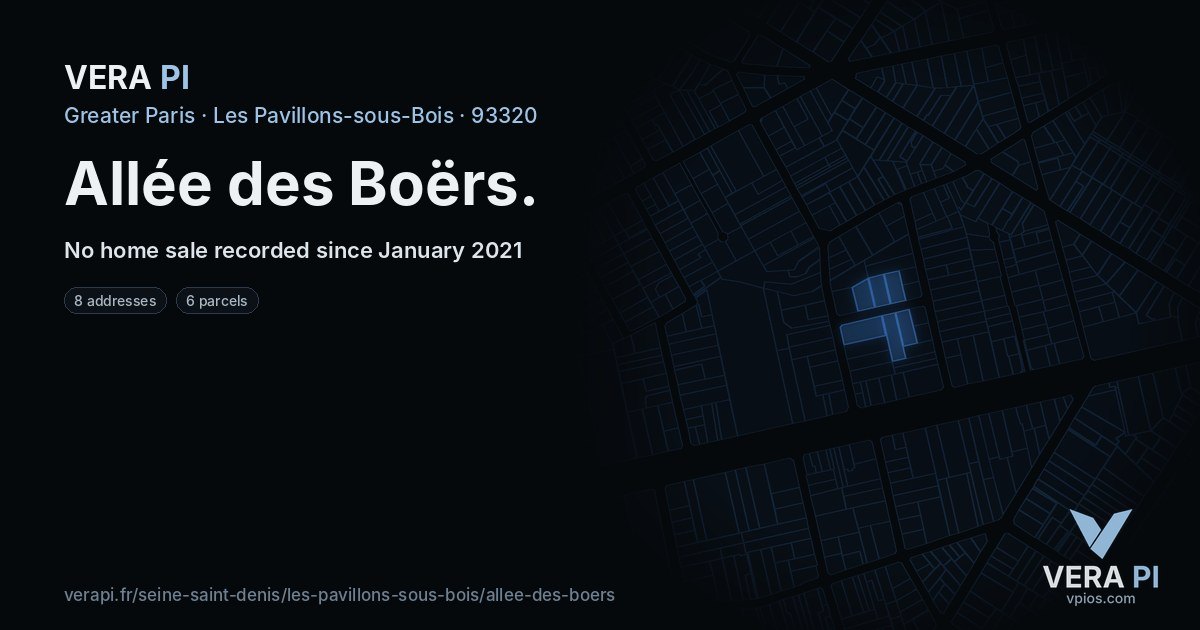 Allée des Boërs, Les Pavillons-sous-Bois at night – every parcel coloured by the prices around it, the street's own parcels lit