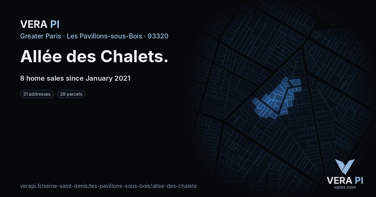Allée des Chalets, Les Pavillons-sous-Bois at night – every parcel coloured by the prices around it, the street's own parcels lit