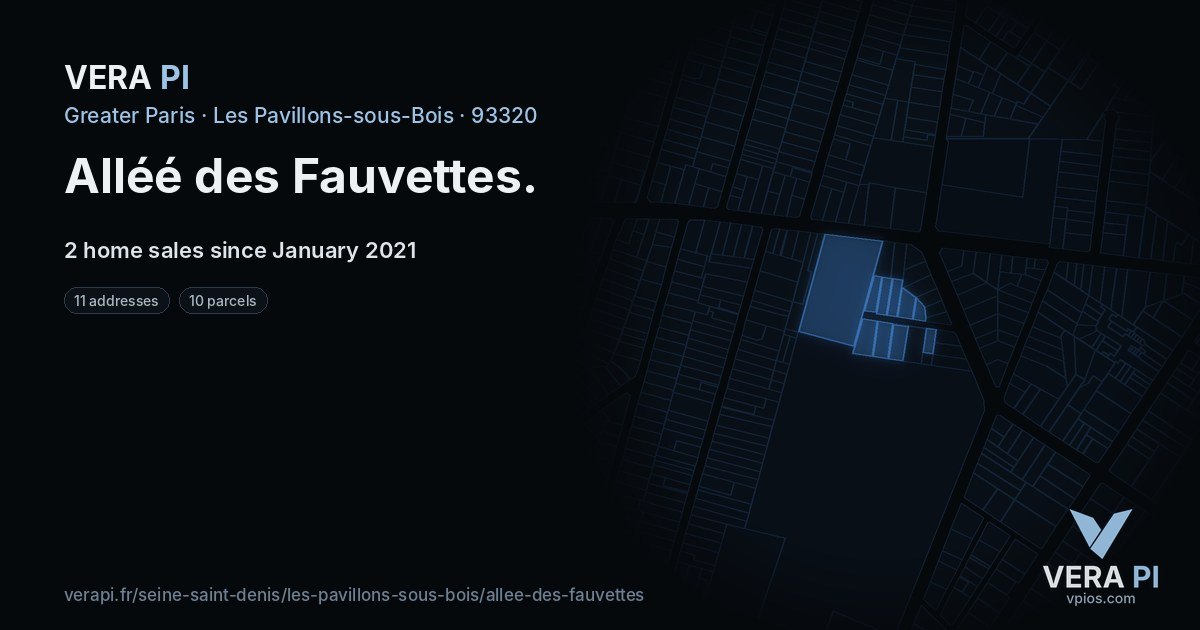 Alléé des Fauvettes, Les Pavillons-sous-Bois at night – every parcel coloured by the prices around it, the street's own parcels lit