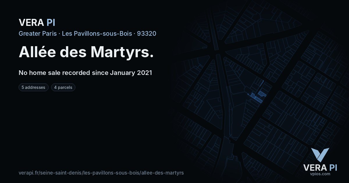 Allée des Martyrs, Les Pavillons-sous-Bois at night – every parcel coloured by the prices around it, the street's own parcels lit
