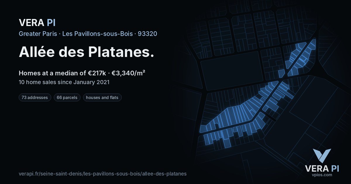 Allée des Platanes, Les Pavillons-sous-Bois at night – every parcel coloured by the prices around it, the street's own parcels lit