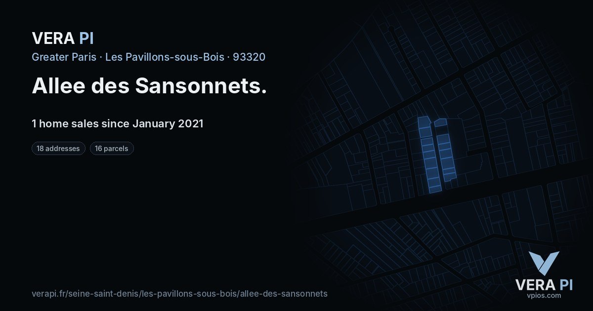 Allee des Sansonnets, Les Pavillons-sous-Bois at night – every parcel coloured by the prices around it, the street's own parcels lit