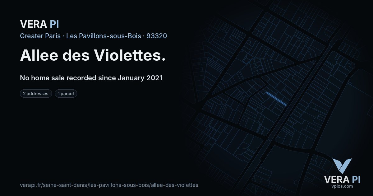 Allee des Violettes, Les Pavillons-sous-Bois at night – every parcel coloured by the prices around it, the street's own parcels lit