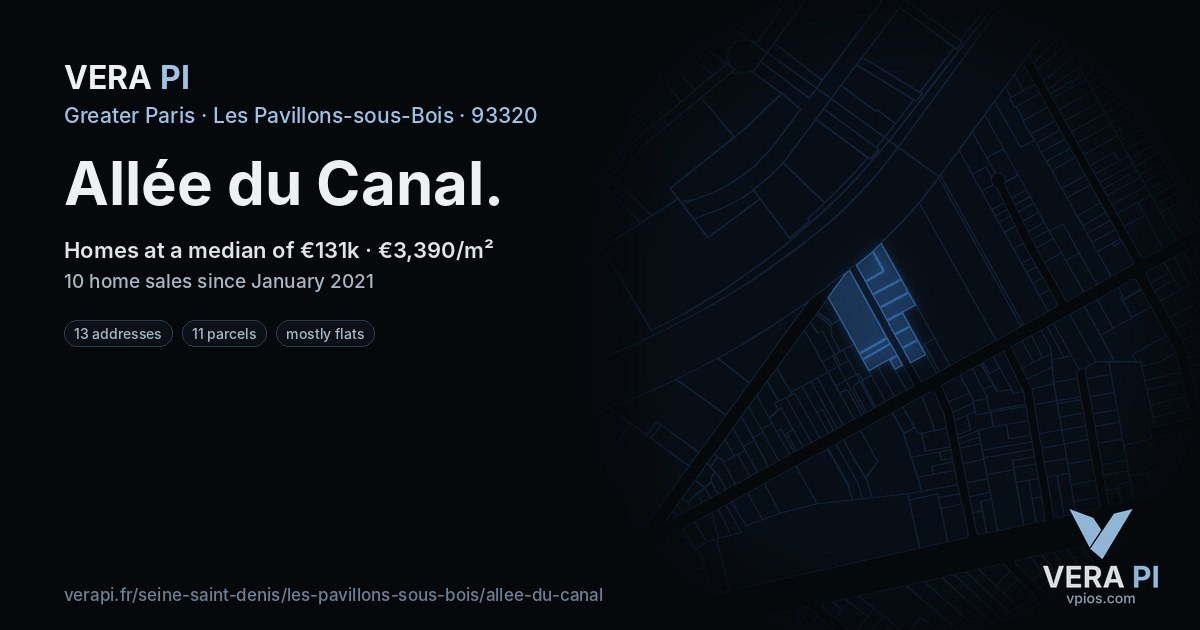 Allée du Canal, Les Pavillons-sous-Bois at night – every parcel coloured by the prices around it, the street's own parcels lit