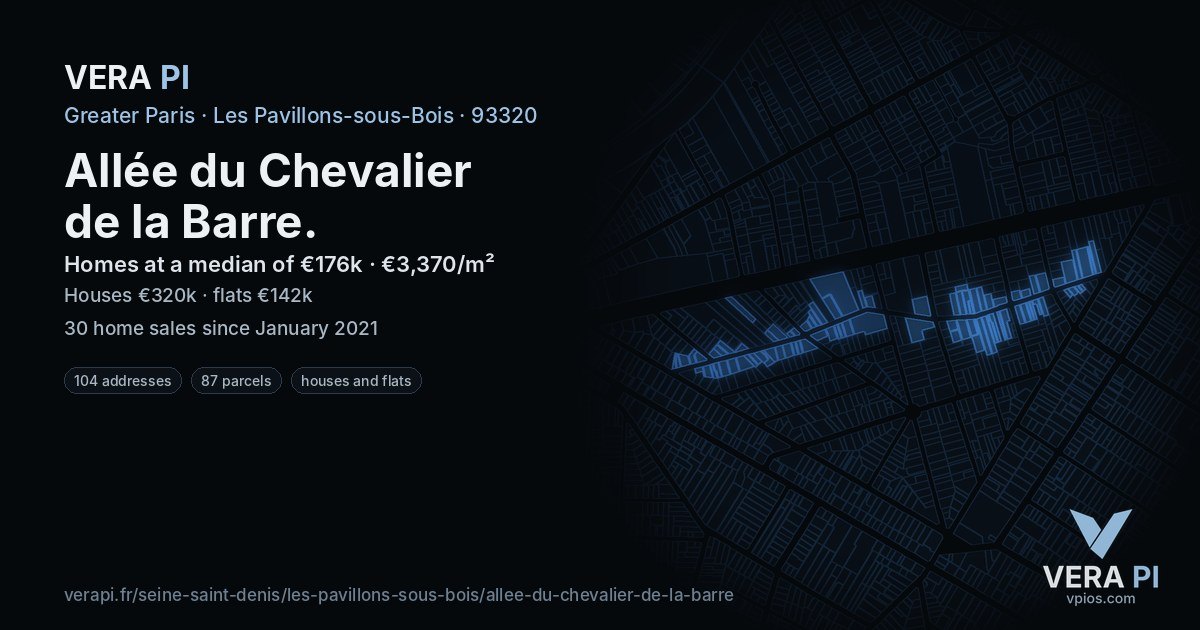 Allée du Chevalier de la Barre, Les Pavillons-sous-Bois at night – every parcel coloured by the prices around it, the street's own parcels lit