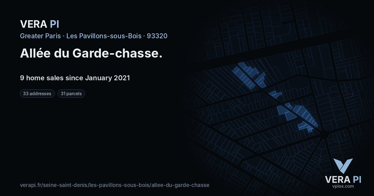 Allée du Garde-chasse, Les Pavillons-sous-Bois at night – every parcel coloured by the prices around it, the street's own parcels lit
