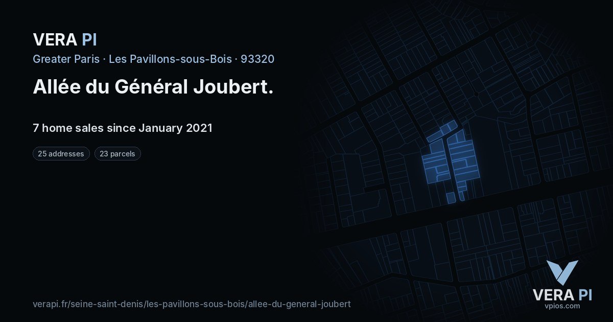 Allée du Général Joubert, Les Pavillons-sous-Bois at night – every parcel coloured by the prices around it, the street's own parcels lit