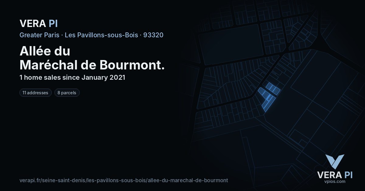 Allée du Maréchal de Bourmont, Les Pavillons-sous-Bois at night – every parcel coloured by the prices around it, the street's own parcels lit