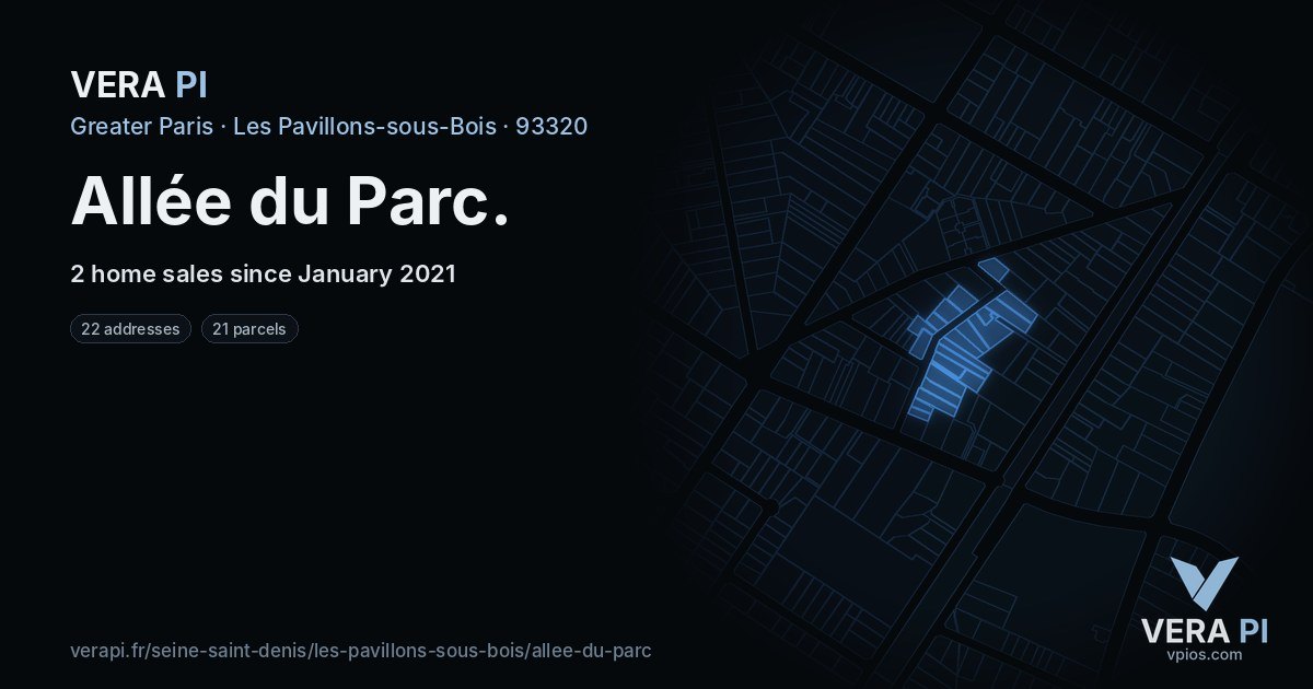 Allée du Parc, Les Pavillons-sous-Bois at night – every parcel coloured by the prices around it, the street's own parcels lit