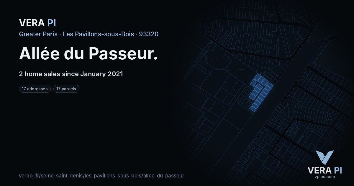 Allée du Passeur, Les Pavillons-sous-Bois at night – every parcel coloured by the prices around it, the street's own parcels lit